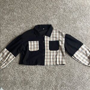 Women’s Cropped Plaid Black and Tan Button Up Shirt